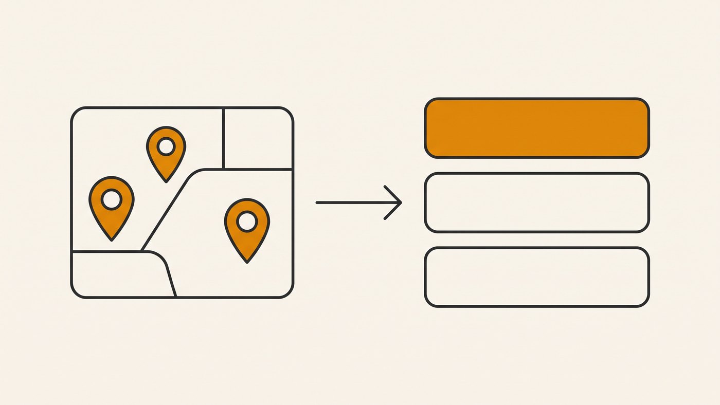 Map pins leading to a ranked local result list.