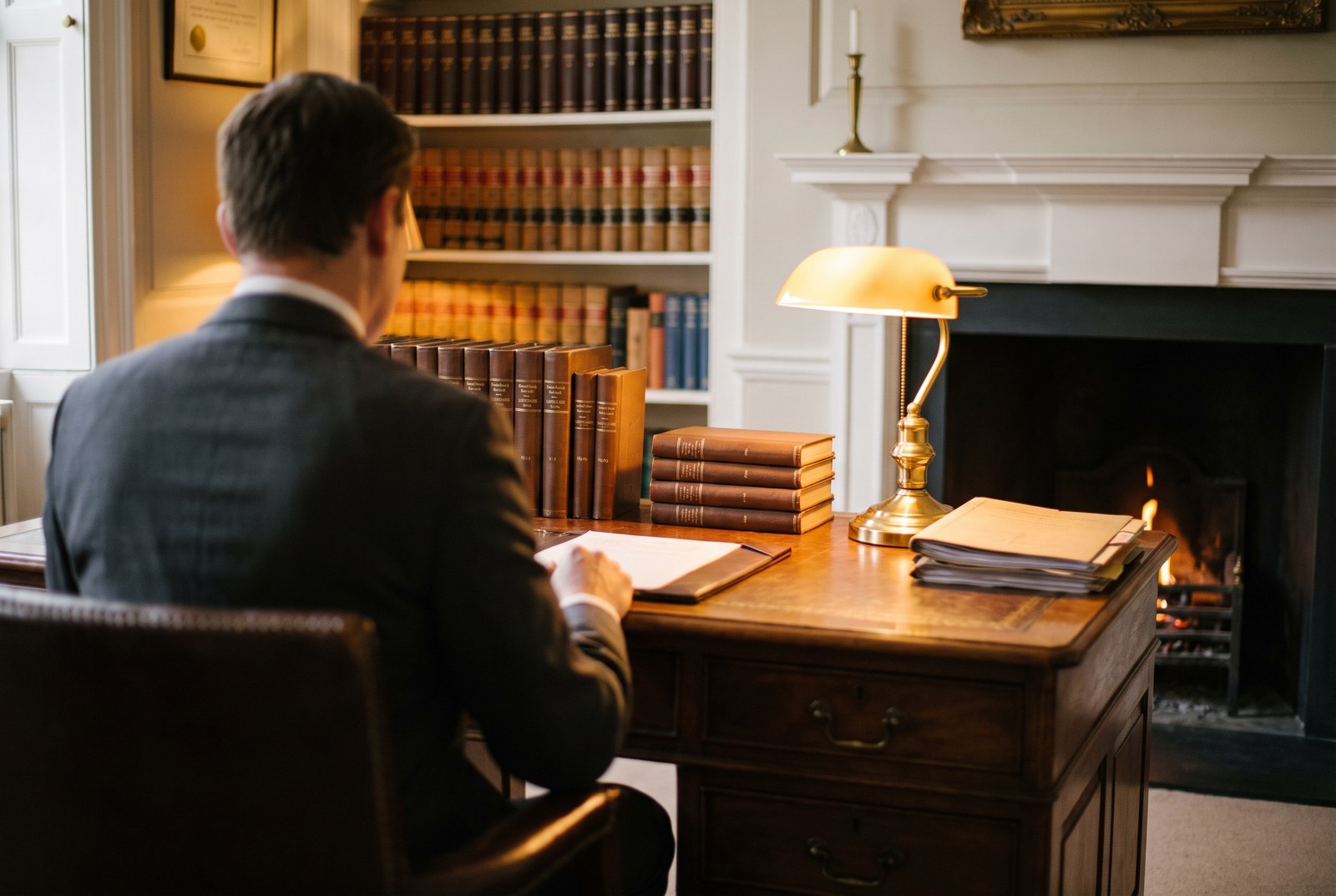 A lawyer's study with law books and a desk lamp.